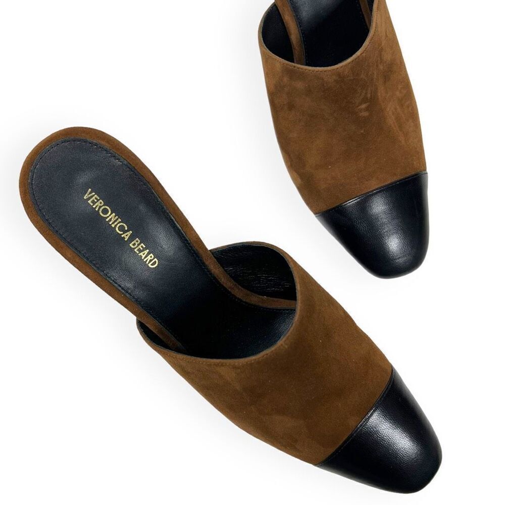 Veronica Beard Carlotta Toe Suede Mules Mixed Media Heel Camel Black Size 9 - Picture 2 of 8